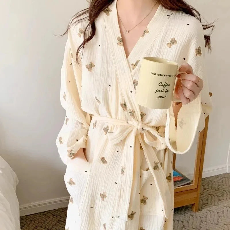 Sleeping Robe for Women in Spring and Autumn Style Bathrobe Full of Small Bear Long Sleeve Casual Princess Style Sleepwear