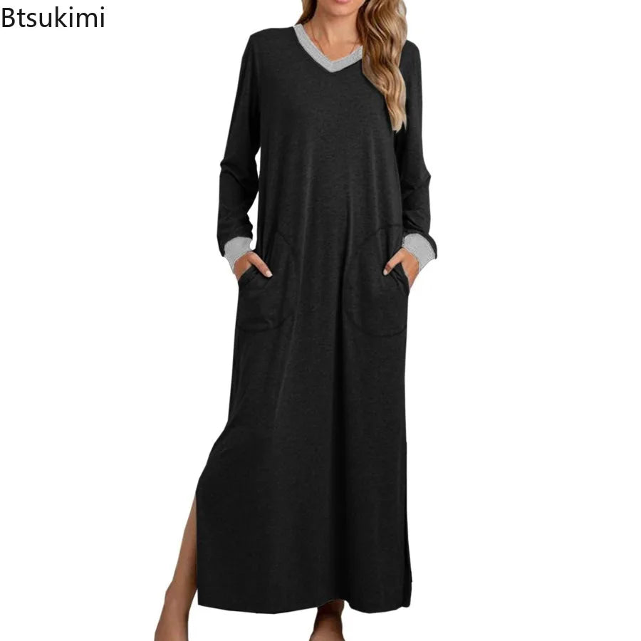Women's Nightgowns V-Neck Long Sleeve Pajamas with Pocket Solid Color Long Dresses Sleepshirts for Women Soft Nightwear Robes