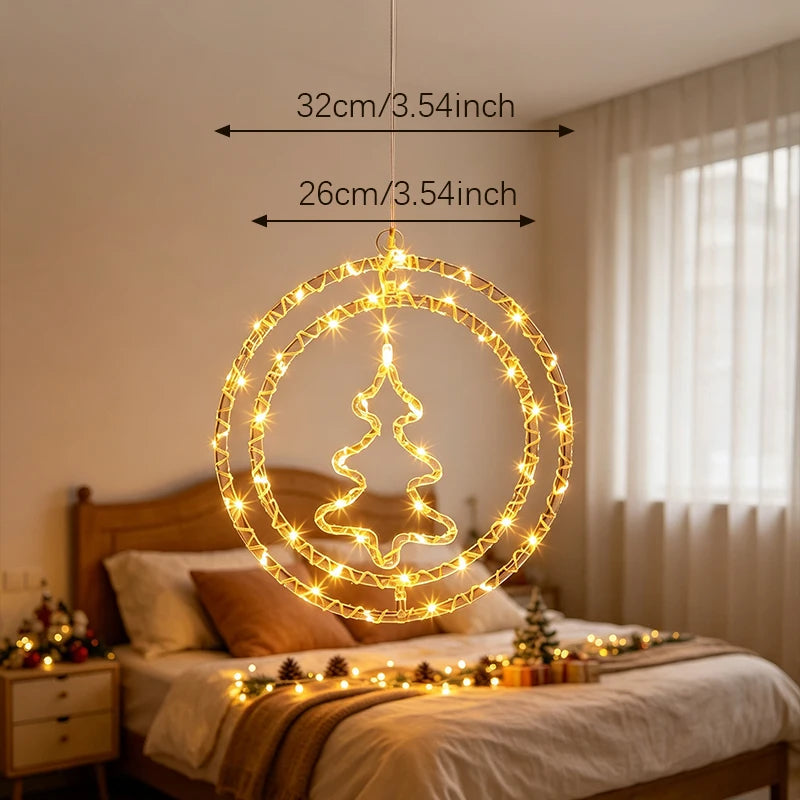 Christmas Hanging Wreath Light Warm White LED Circular Hanging Ornament Light with Inner Christmas Tree Pattern 32cm Window Wall