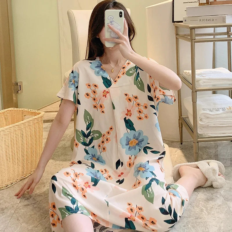 Night Dress Women Nightgowns Lace Sleepwear Floral Print Nightwear Women's Home Clothing Sleepwear Female Sexy Lingerie Gown