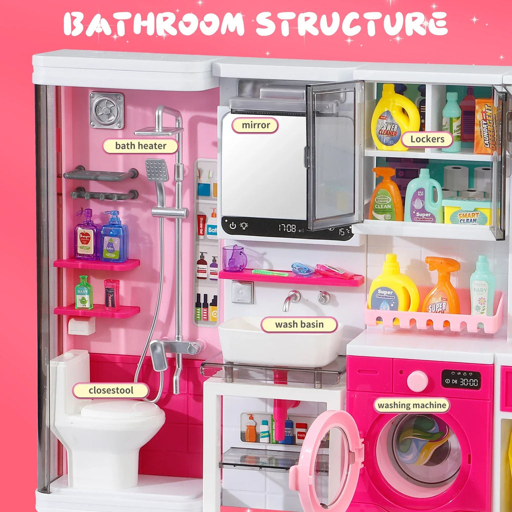 Pink Bathroom Role Play Set with Shower Vanity Laundry Cabinet Ironing Board - Ideal Christmas Thanksgiving New Year Gift