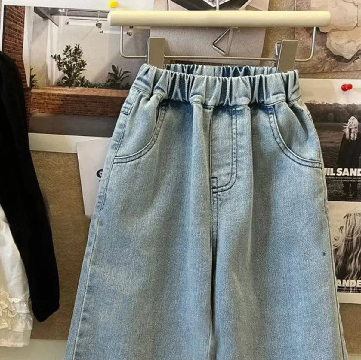 2-7Y Autumn Girls Lace Trimmed Jeans Sweet Elastic Waist Straight Leg Kids Pants for Girls Pants Korean Children Loose Trousers