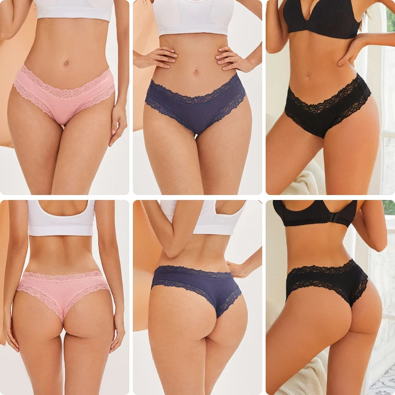 Women Cotton Panties Sexy Floral Lace Breathable Underwear Girls Ribbed Low-Waist Briefs Comfortable Bikini Solid Color Lingerie