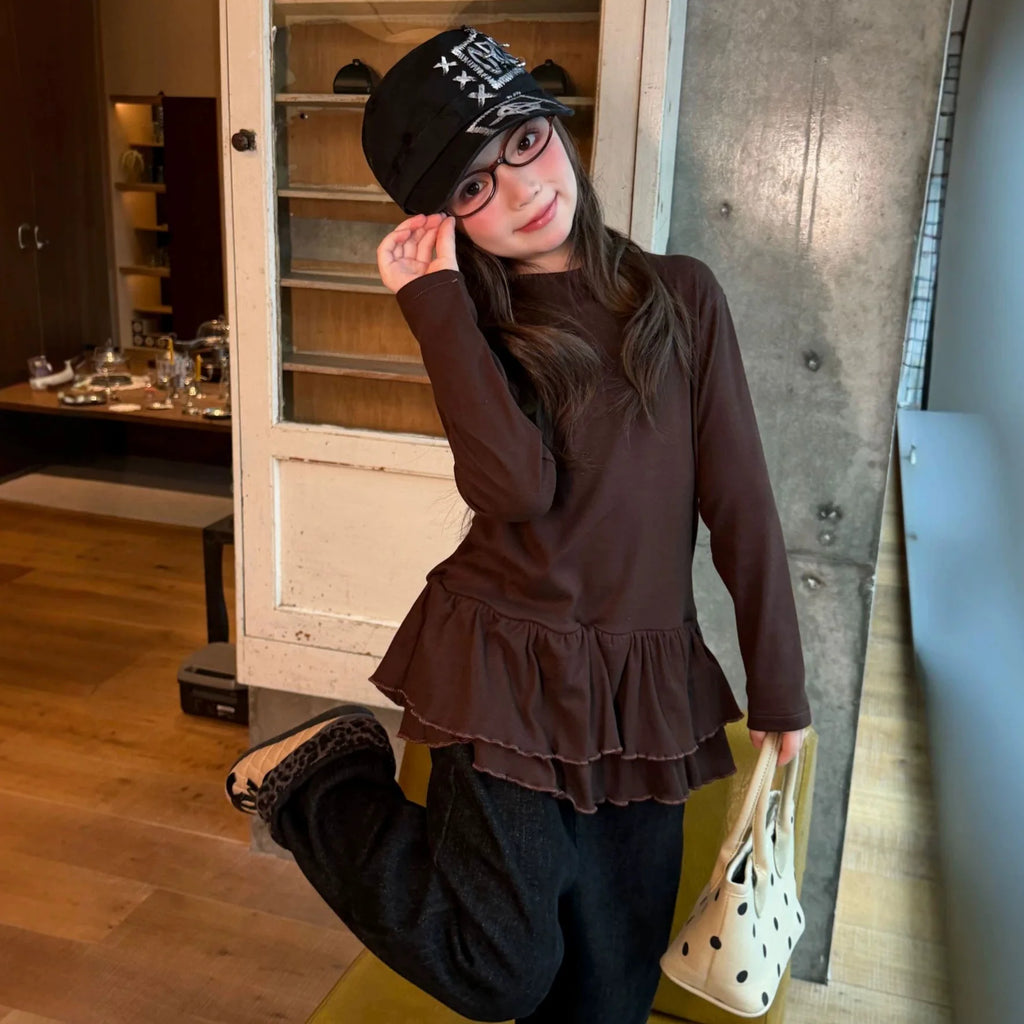 Kids T Shirt 2026 Winter New Girls Half High Neck Ruffled Hem Long Sleeve Undershirt Kids T Shirt Top