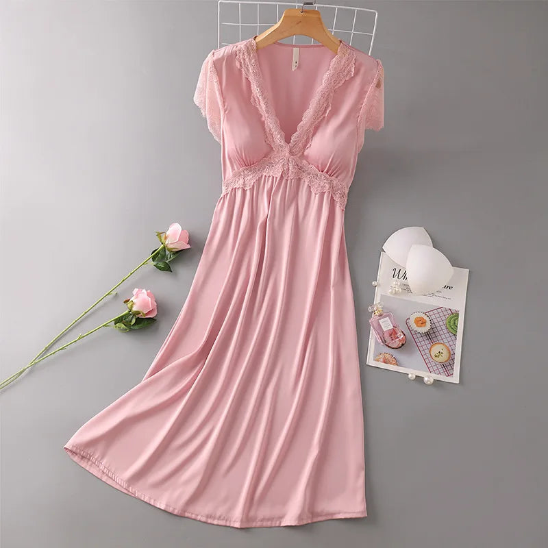 Sexy Nightdress for Women Summer Spring Home Dress V-Neck Nightgown Lace Sleeve Sleepwear Long Intimate Lingerie Nightwear