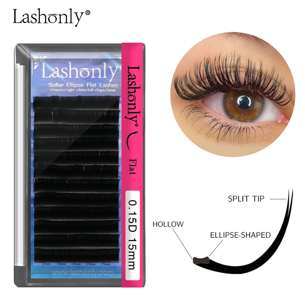 Lashonly Ellipse Flat Lashes Super Soft Matte Split Tips Faux Mink Natural Eyelash Extensions for Beauty Salons
