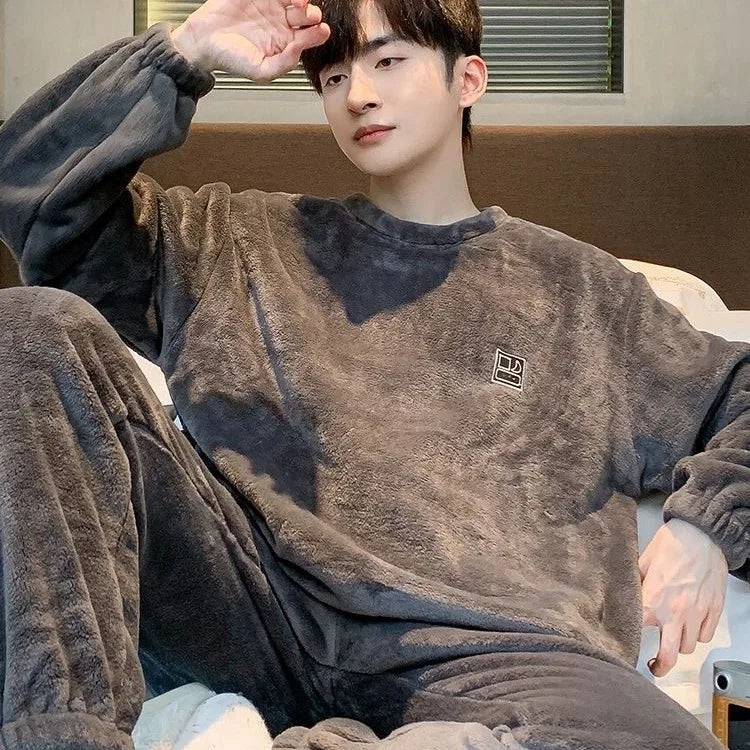 Men's pajamas - winter coral fleece thickened and padded for warmth. Men's winter outerwear suitable for wearing outside. Youth