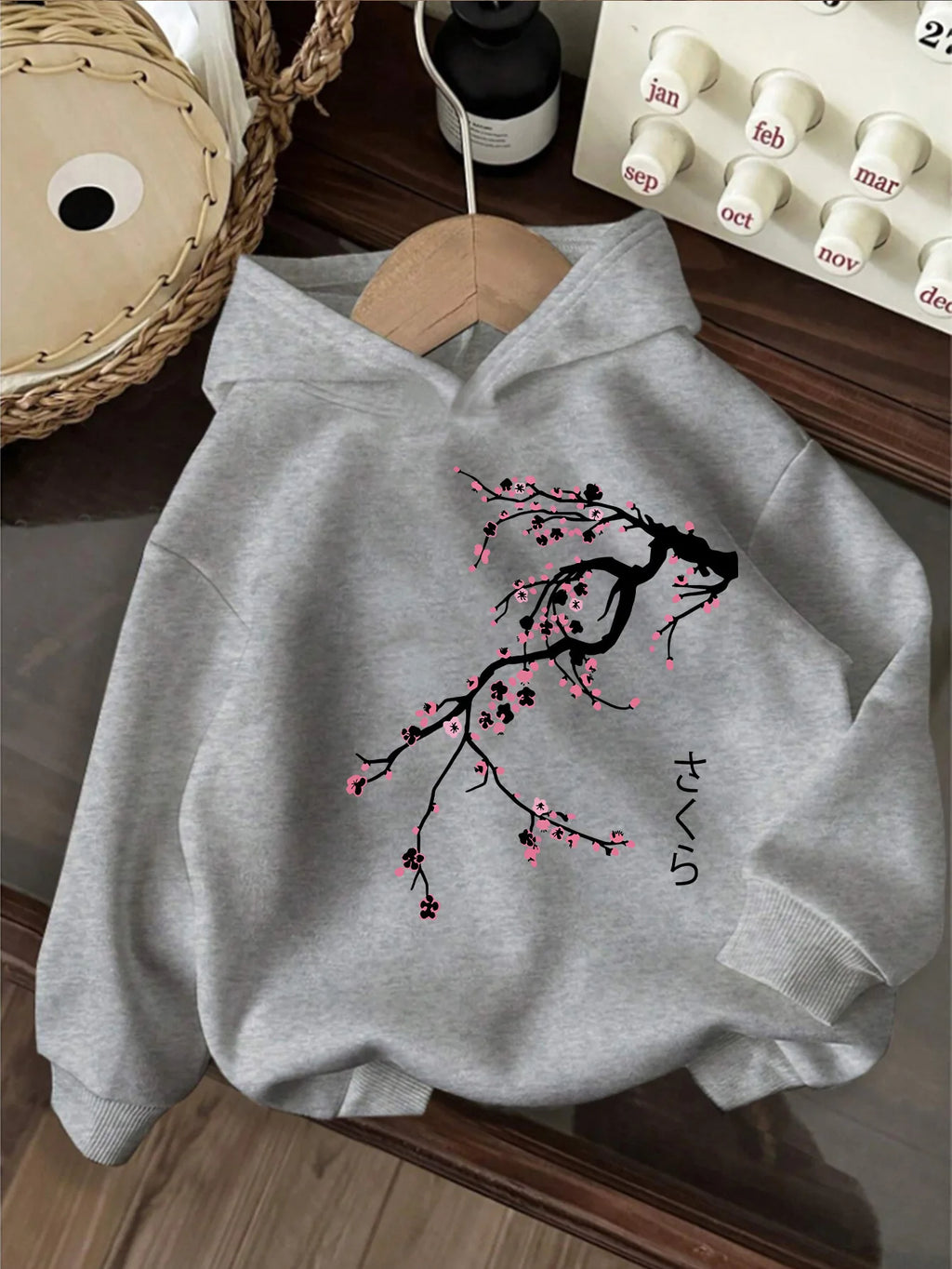 Kids' casual hoodie, Japanese style sweet cherry blossom print hooded sweatshirt, sweet and cool kids' casual top.