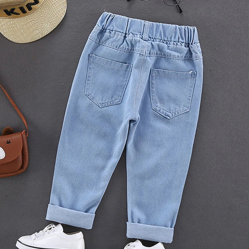 Children Jeans  Boys Cotton Print Splice Stretch Denim Pants Korean Teenage Trousers Wear Kids ClothingDenimRipped Spring Autum