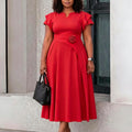 Elegant Dresses for Women 2026 V Neck Short Sleeve High Waisted Floral Decorate Pleated Mid Calf Birthday Party Dinner Vestidos