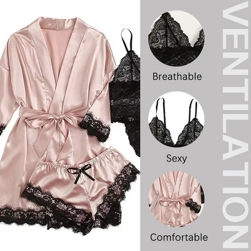 Women 4 Piece Sleepwear Pajamas Set Sexy Lace Robe Lingerie Silk Satin Bathrobe Home Nightwear Clothes