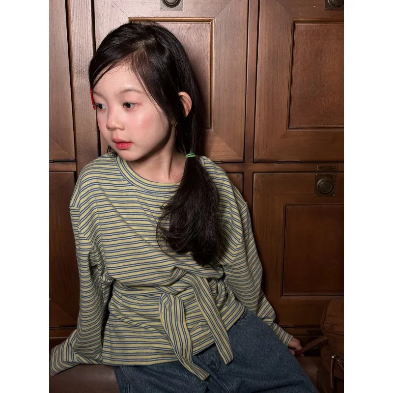 Children's T-shirt 2026 spring Autumn Korean striped casual base shirt for girls, children's long sleeved top with tie up