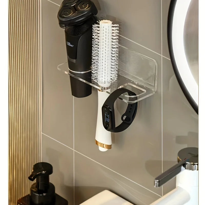 1pc Clear Acrylic Wall-Mounted Bathroom Organizer - No-Drill Storage Rack for Hair Brushes, Combs, Toiletries - Space-Saving