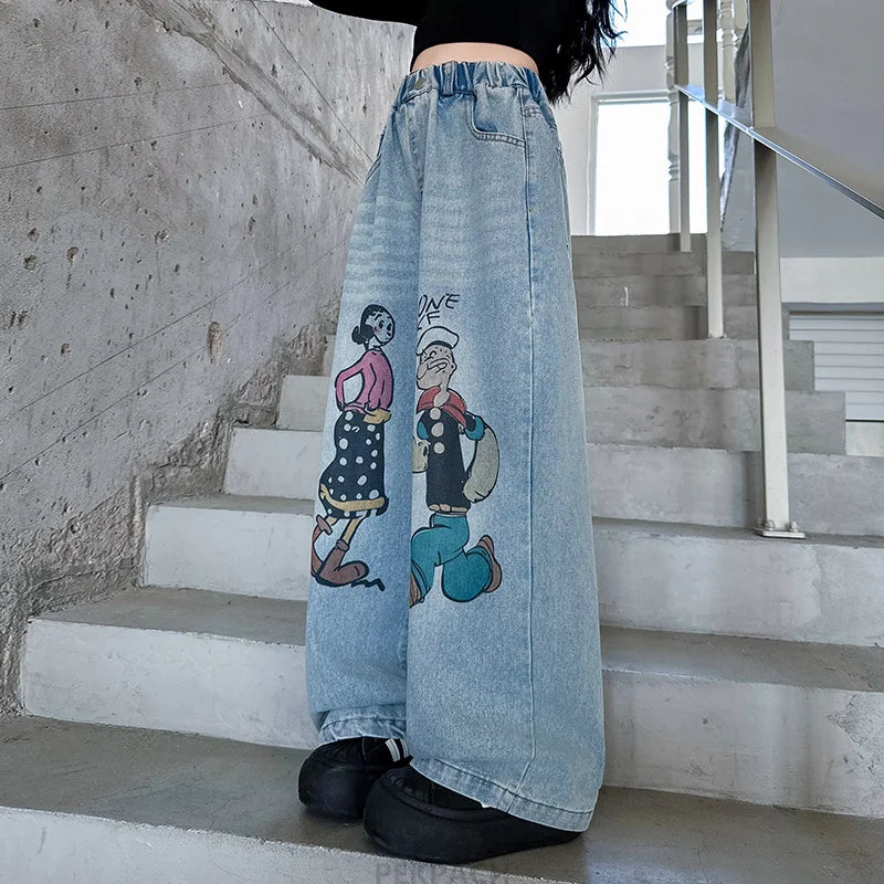 Kids Brand Cartoon Jeans For Girls Wide Leg Loose Denim Pants Children High Quality Jeans Trousers For Teenagers Age 5 To 14 Y