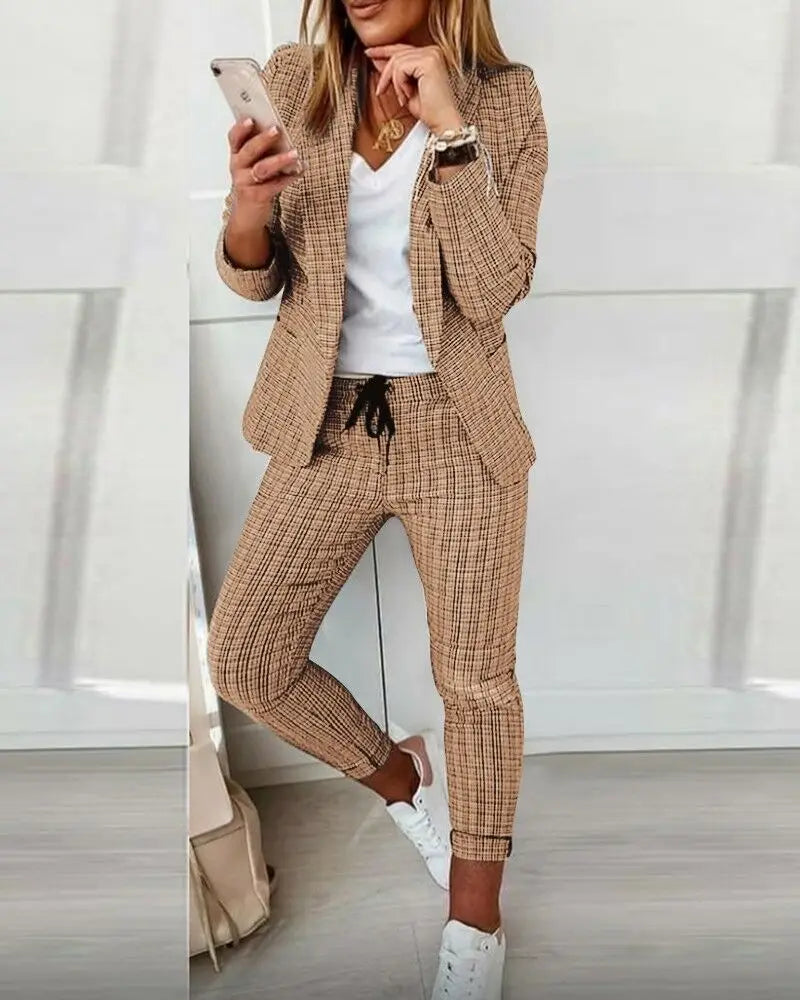 Two Piece Set Women Outfit Office Ladies 2023 Autumn Plaid Print Long Sleeve Elegant Blazer Coats & Drawstring Work Pants Set