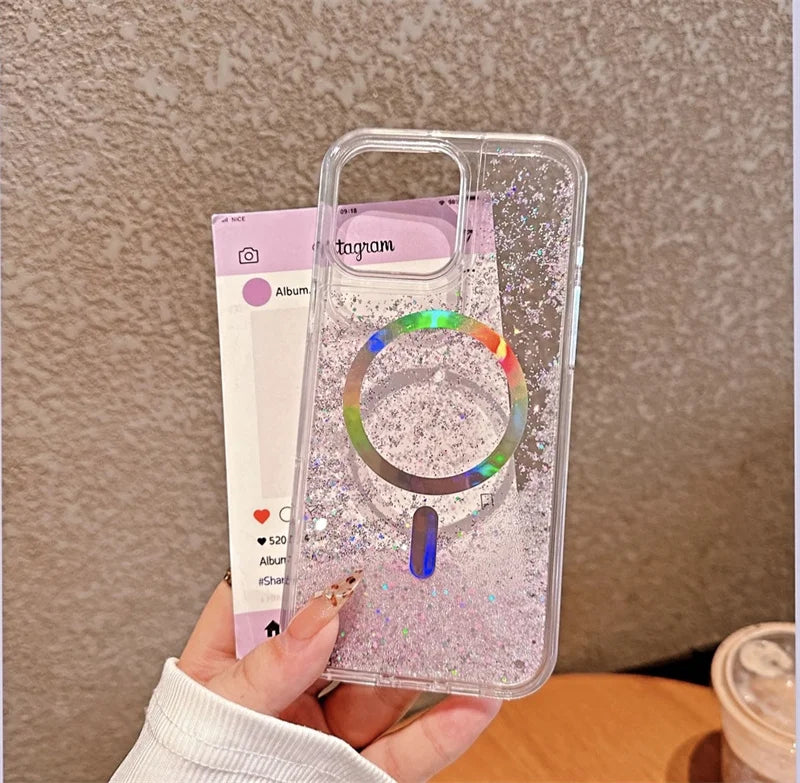 Luxury Plating Ring for Magsafe Case for iPhone 15 16 17 Pro Max Magnetic Glitter Beads Quicksand Phone Cover Liquid Shell Funda