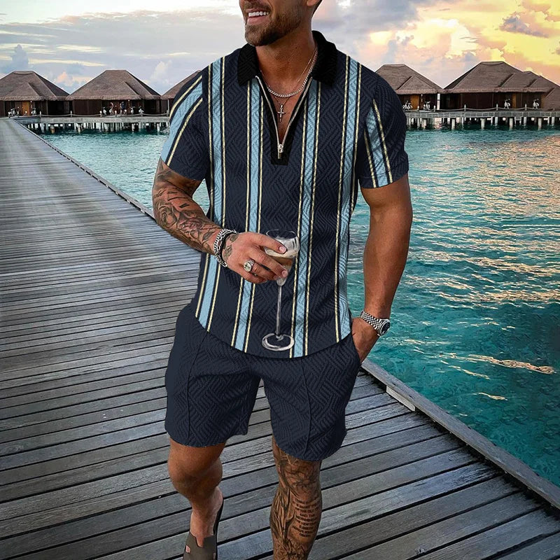 Men's Clothing Tracksuit Sets 3D Print Color Squares Pattern Casual Zipper Polo Shirt And Shorts 2pcs Sets Trend Streetwear Man