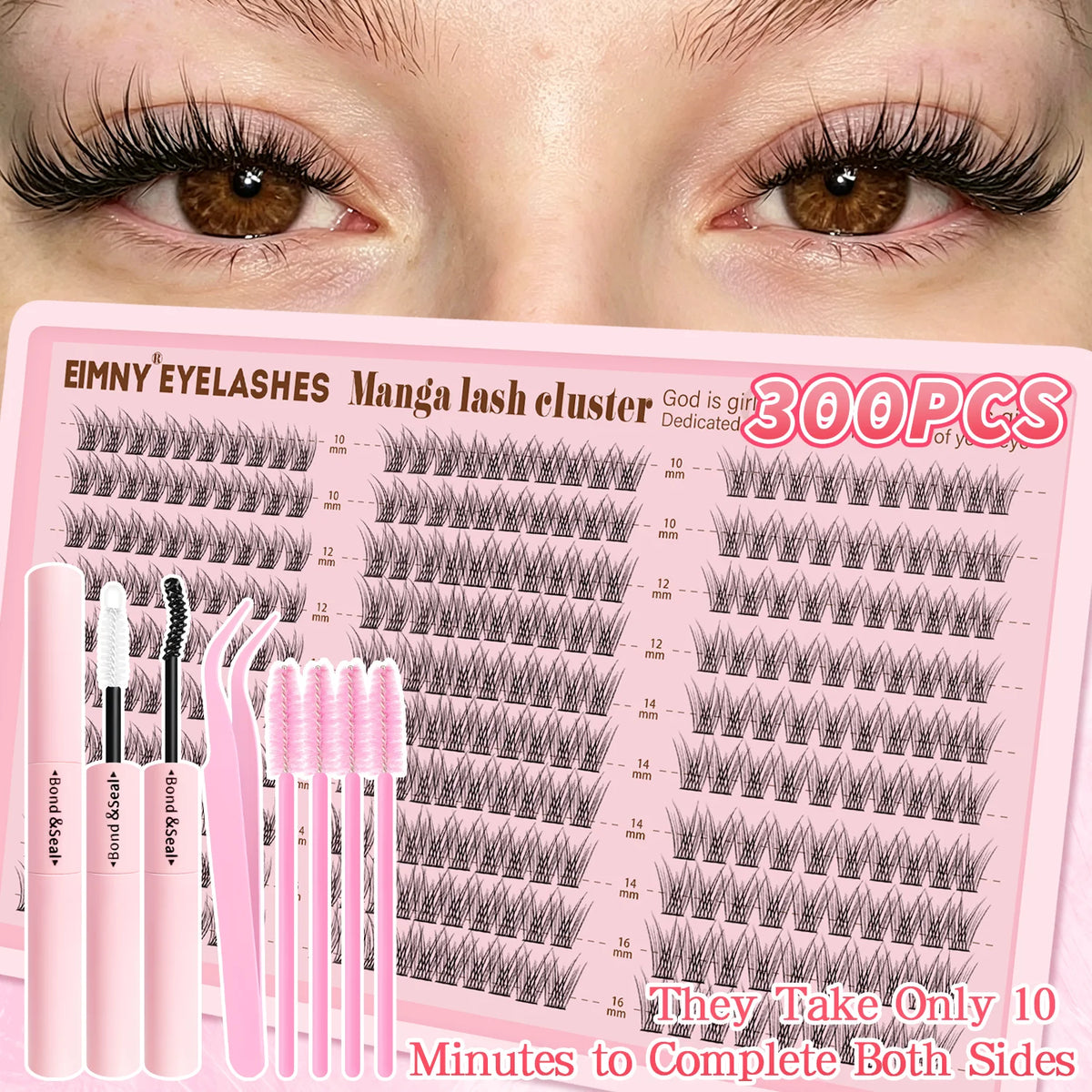 EIMNY 300PCS Little Devil Style Lash Extensions 10-16mm Including Glue Tweezers Cotton Swabs Manga Lashes Natural Voluminous