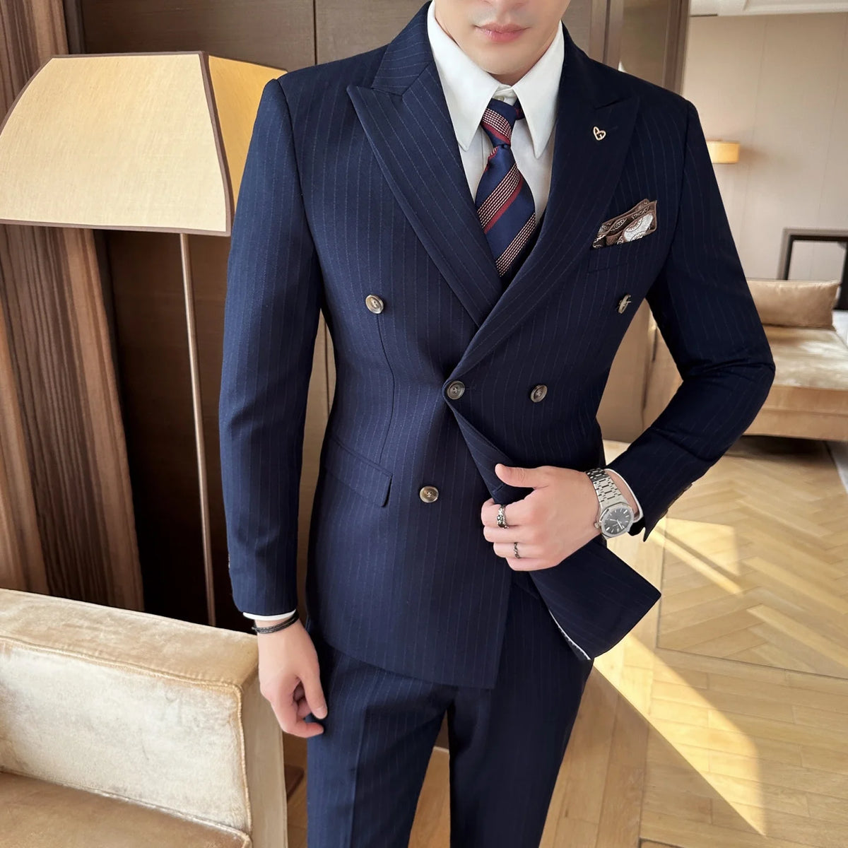 Men Wedding Suit 3 Piece Double-breasted Korean Slim Fit Formal Banquet Business Suit Luxury Groom Tuxedo Fit Evening Wear