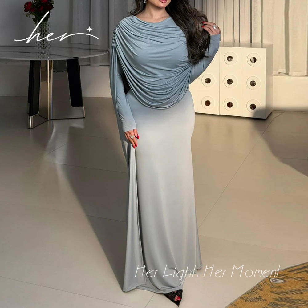 Elegant Modest Evening Dress for Women O-Neck Gathered Pleated Cape Long Sleeve Stretch Jersey Mermaid Floor Length Formal Gown