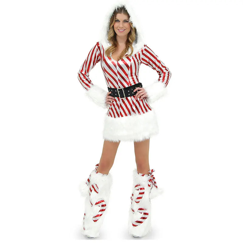 New Women Christmas Hooded Dress 3Pcs Up Winter Velvet Striped Mrs Claus Santa Cosplay Costume Xmas Holidays Party Fancy Dress