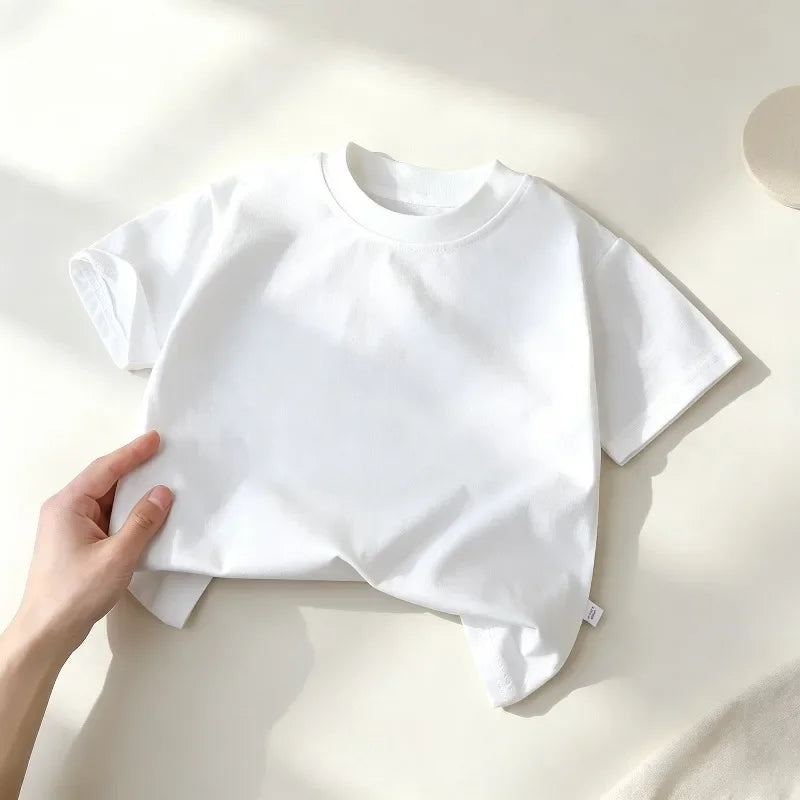 Kids Cotton Short Sleeve T-shirt Boys Girls Summer Baby Tops White Black Solid Color Children Casual Tees 0-8Years Child Clothes