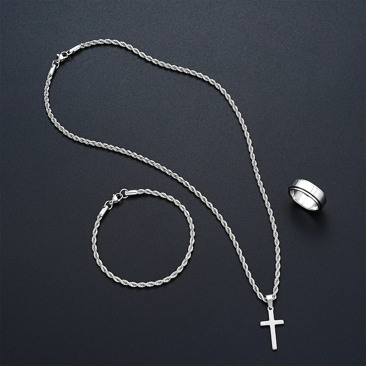 Stainless Steel Simple Jewelry Set For Men Women Fashion Silver Color Cross Pendant Twisted Rope Necklace Bracelets Ring Gifts