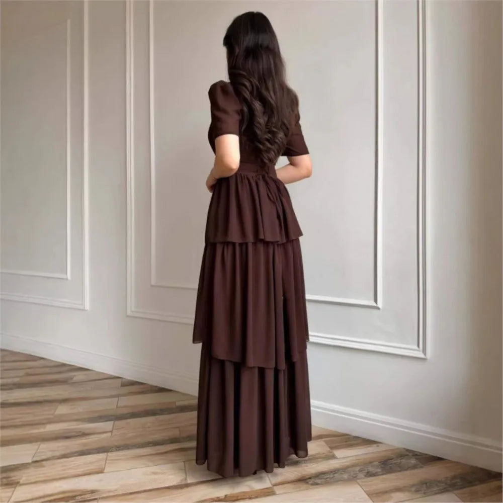2026 Elegant Dresses For Woman Party Wedding Evening Dress Vestido Temperament Retro Short Sleeves Pleated Solid Color Slim Chic