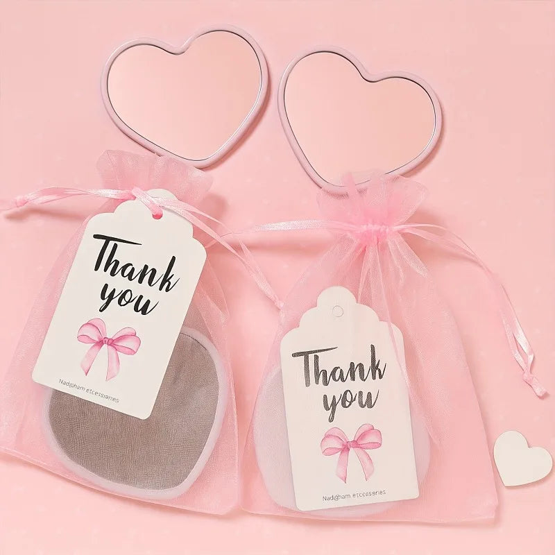36pcs Gift Set Pink Heart-Shaped Makeup Mirror Pink Gauze Bag with Thank You Card Mini Portable Cute Mirror Wedding Party Favors