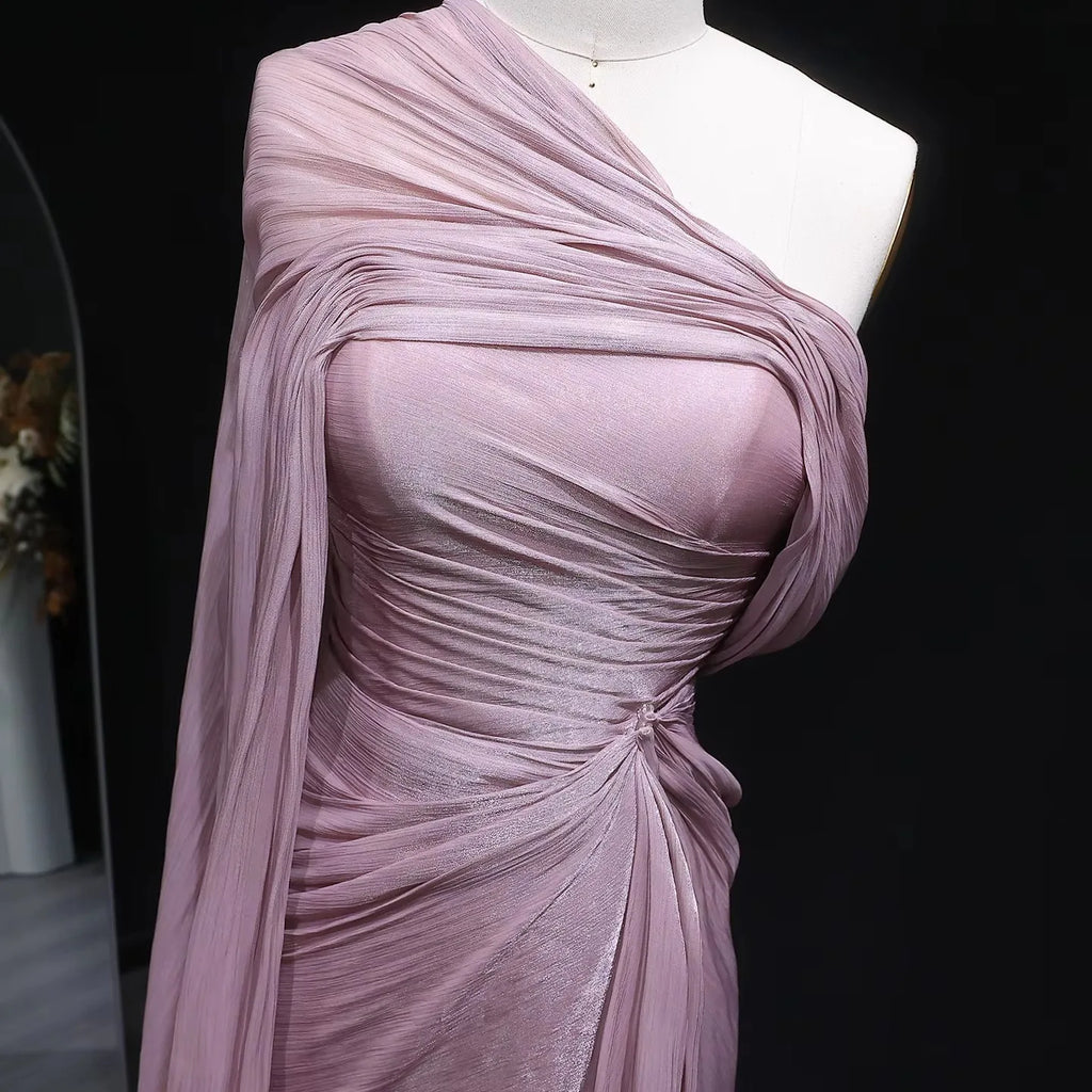 Women Elegant Dresses One Shoulder Dusty Pink Evening Gown Chiffon Ruched Cape Sash Wedding Guest Bridesmaid Dress