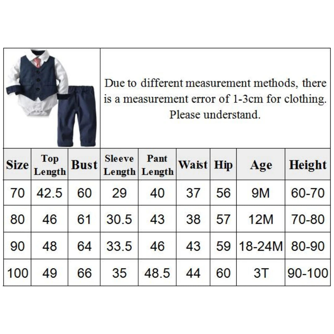 Baby Boy Formal Set Clothing with Tie Navy Vest Romper Pants for 9-36 Months Kids Suits Party Birthday Gentleman Clothes