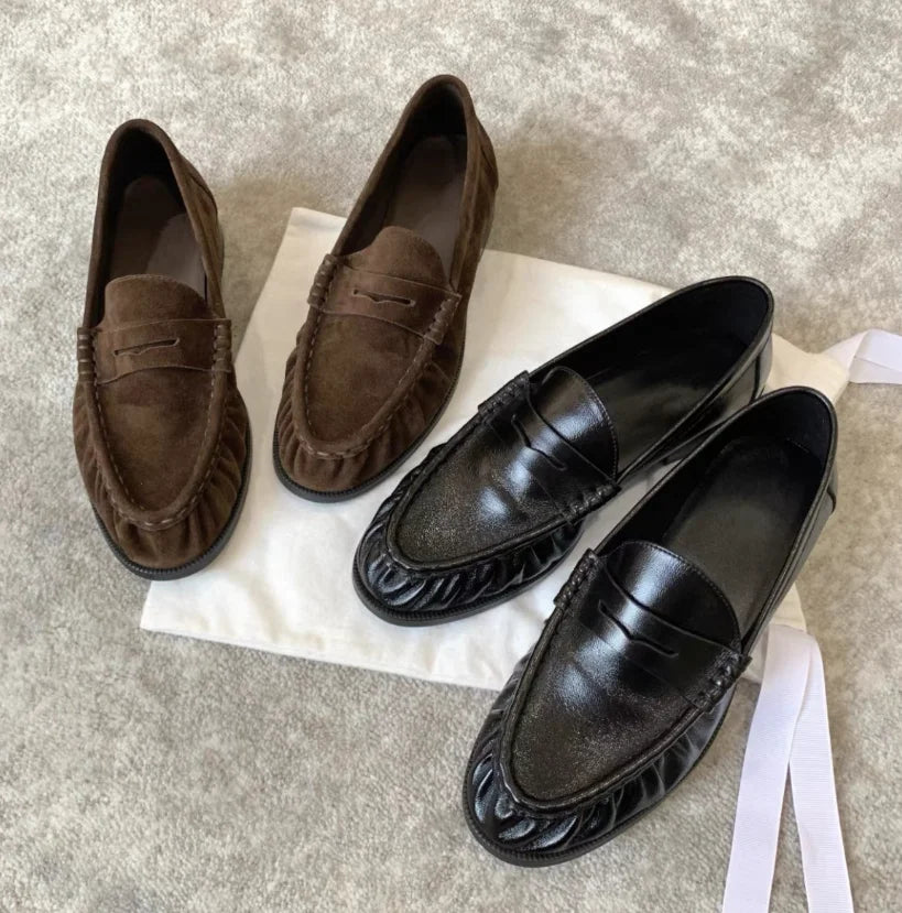 Round-toed loafers for women with pleated low heels Retro Brown Ladies Shoes Woman Fashion Brand Designer Shoes for Women