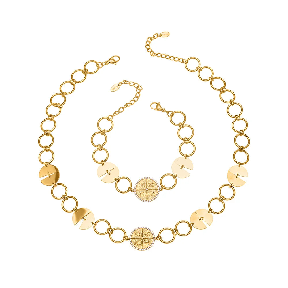 316 Stainless Steel Gold-Plated Large Circular Chain Necklace Choker Women's Shiny Round Zircon Golden Bracelet Jewelry Set