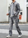 Men's Street Style Casual Distressed Raw-Hem Grey Denim Set, a Minimalist and Fashionable Two-Piece Ensemble.