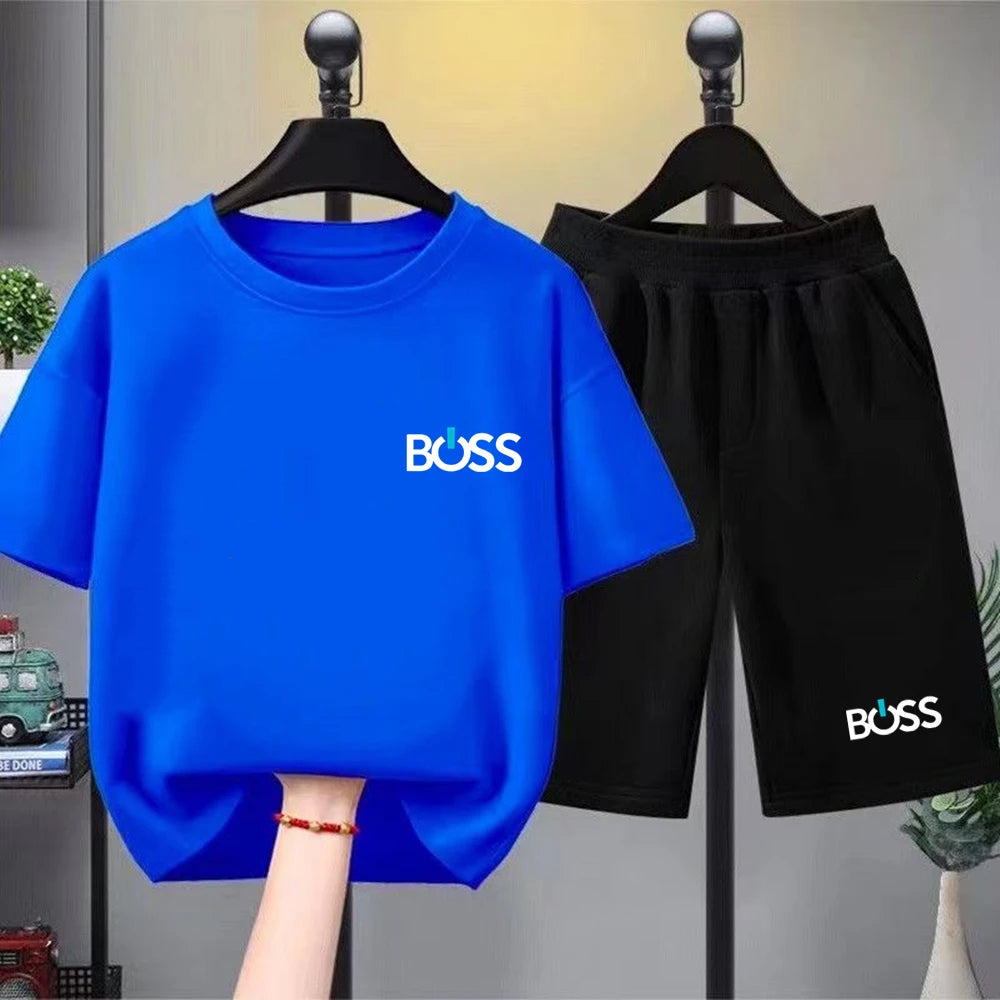 Child T-shirt Summer Short Sleeve Print Children Age 3-12 Girls Boy Set White Black Tshirt+Shorts 2pcs Leisure Fashion Kids Set