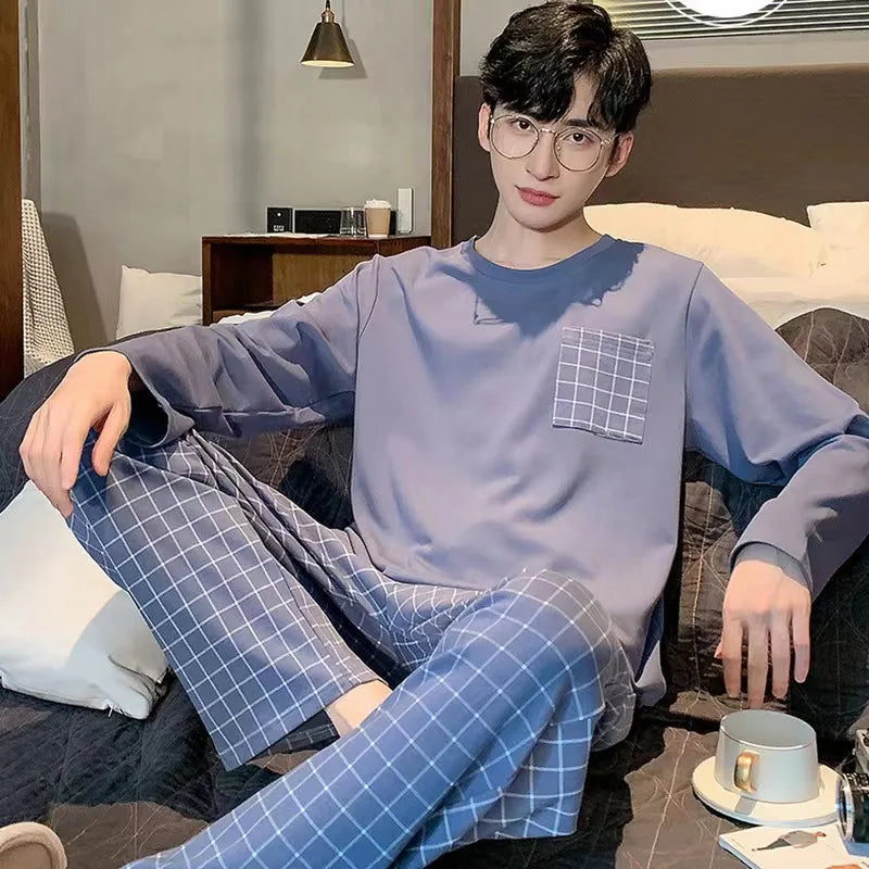 Pajamas Men Long Sleeves and Trousers Spring and Autumn Style Simple and Breathable Nightwear Student Youth Loungewear Sleepwear