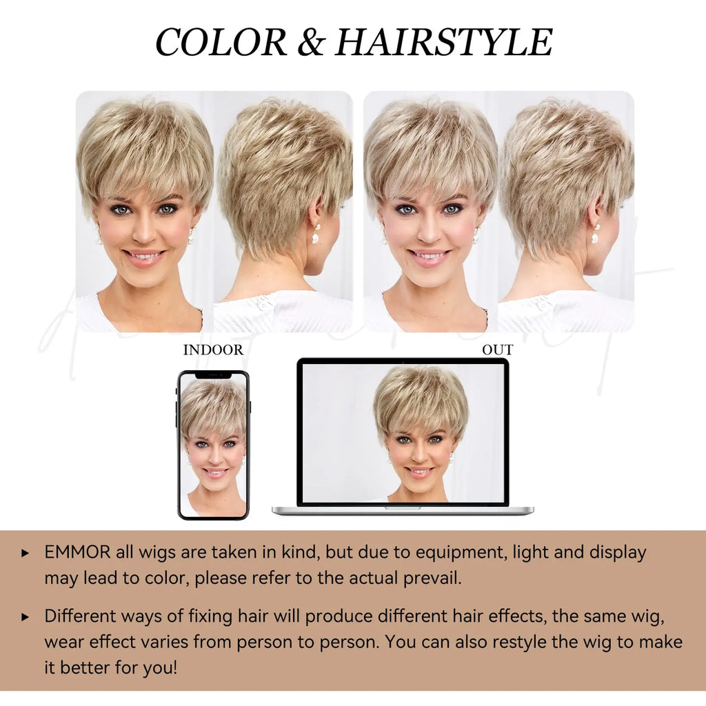 Short Pixie Cut Ash Blonde Wigs for Women with Bangs Blonde Natural Layered Blend Hair Kanekalon Human Hairs Like Texture Wigs