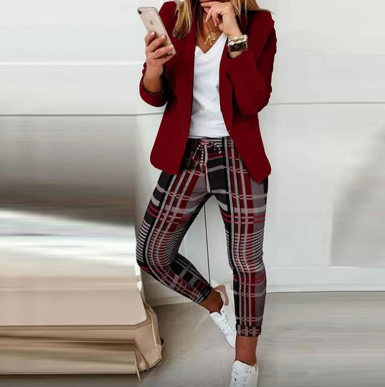 Two Piece Set Women Outfit Office Ladies 2023 Autumn Plaid Print Long Sleeve Elegant Blazer Coats & Drawstring Work Pants Set