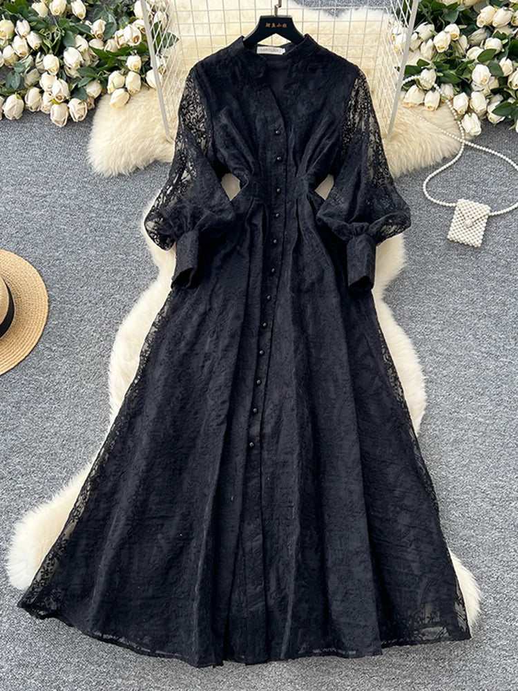 French Elegant Dress for Women New Birthday Party Standing Collar Single Breasted Waist Embroidered Mesh Long Dress S93