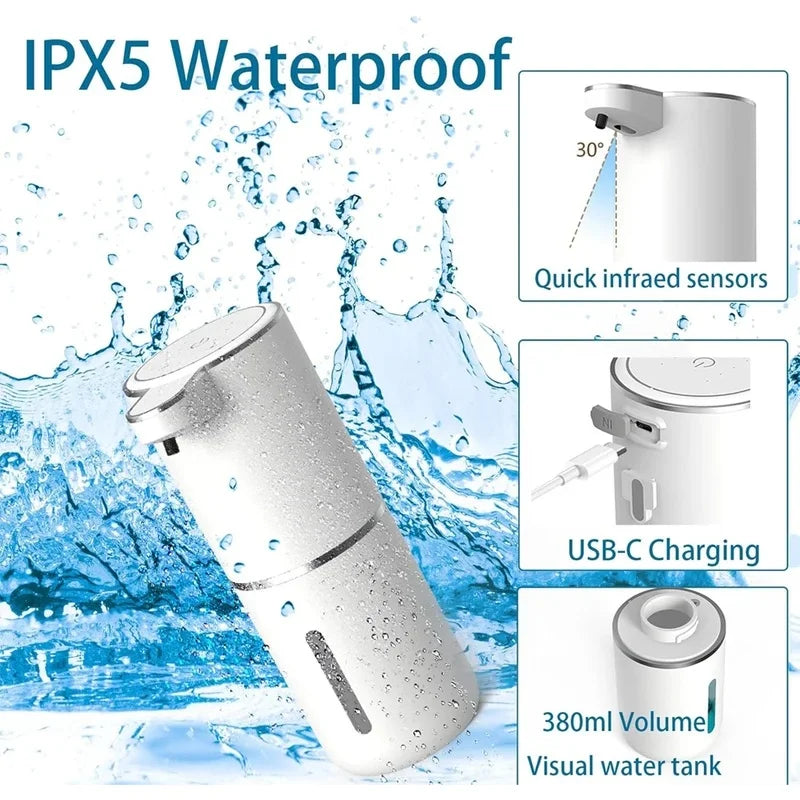 USB Rechargeable Automatic Soap Dispenser, 380ml Touchless Sensor Foaming for Kitchen Bathroom, 4-Level Adjustable