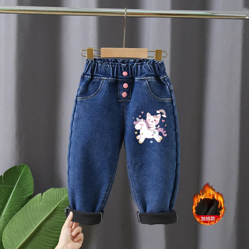 2022 New Warm pants Kids Cartoon Pant Fashion Boy Girl Jeans Winter Thickening Kids Denim Pants Baby Jean Infant Clothing 1-6Y