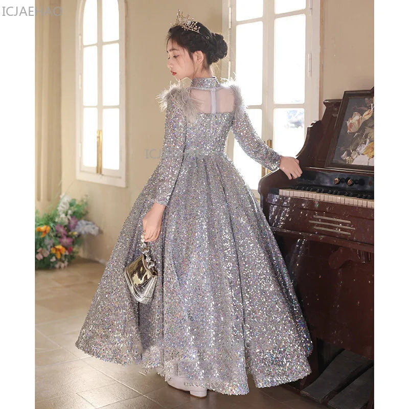 2026 New Girls Sequin Princess Dress Kids Evening Gown Flower Girl Host Performance Outfit Pageant Formal Children Party Costume