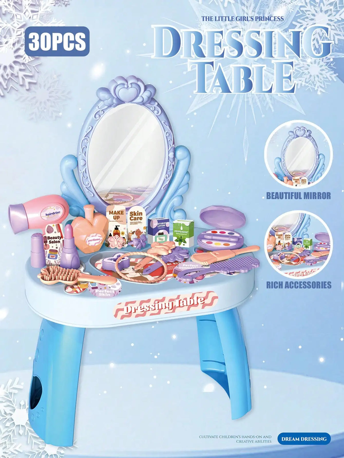 Kids Princess Vanity Dressing Table Toy Set with Mirror&30Pcs Makeup Accessories, Pretend Hair Dryer Cosmetic Kit,Gift for Girls