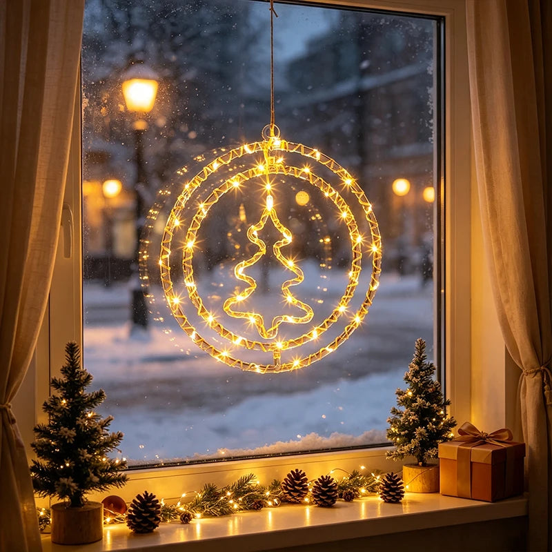 Christmas Hanging Wreath Light Warm White LED Circular Hanging Ornament Light with Inner Christmas Tree Pattern 32cm Window Wall
