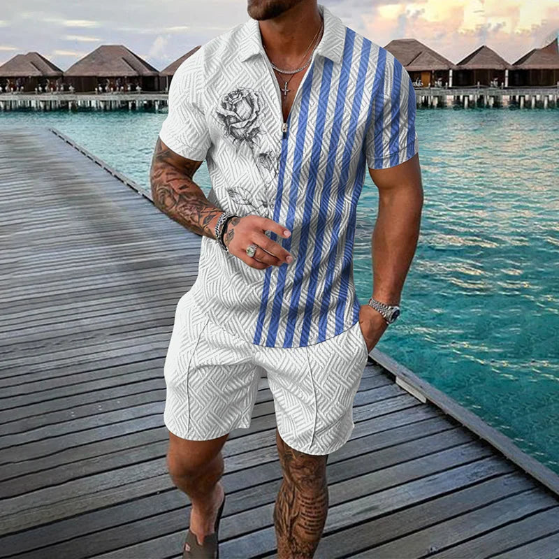 Men's Clothing Tracksuit Sets 3D Print Color Squares Pattern Casual Zipper Polo Shirt And Shorts 2pcs Sets Trend Streetwear Man