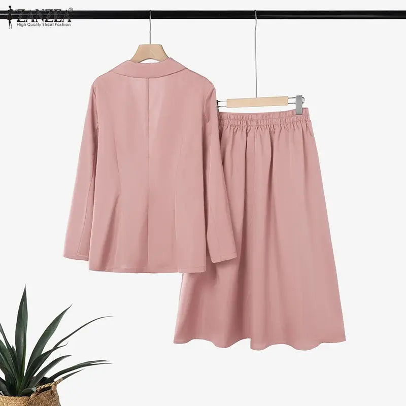 Women's Elegant Office Wear Skirt Suits Long Sleeve Blazer & A-Line Pleated Skirt 2 Pieces Sets ZANZEA Fashion Skirt Sets Outfit