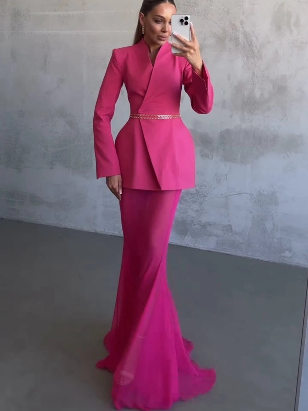 Zweiteiliges Blazer-Set für Damen mit Stehkragen und durchsichtigem Maxirock – elegantes Abendkleid für Partys und festliche Anlässe, in 4 Farben