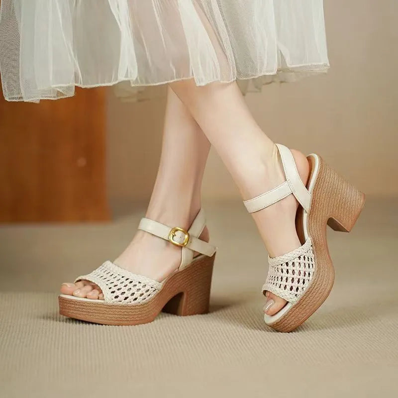 Women's High Heels Sandals Summer Elegant Hollow Braided Chunky Pumps Fashion Ankle Straps Versatile Vacation Casual Beach Shoes
