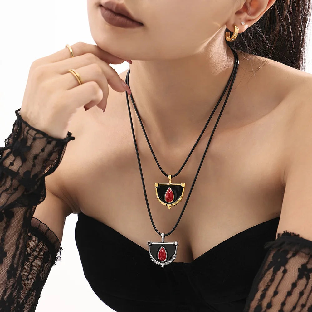 Cool Stainless Steel Necklace For Women Unique Enamel Pendant Black Rope Chain Waterproof Luxury Charm Jewelry Gift