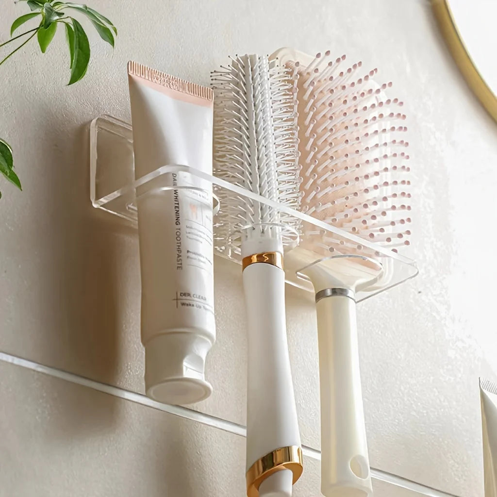 1pc Clear Acrylic Wall-Mounted Bathroom Organizer - No-Drill Storage Rack for Hair Brushes, Combs, Toiletries - Space-Saving